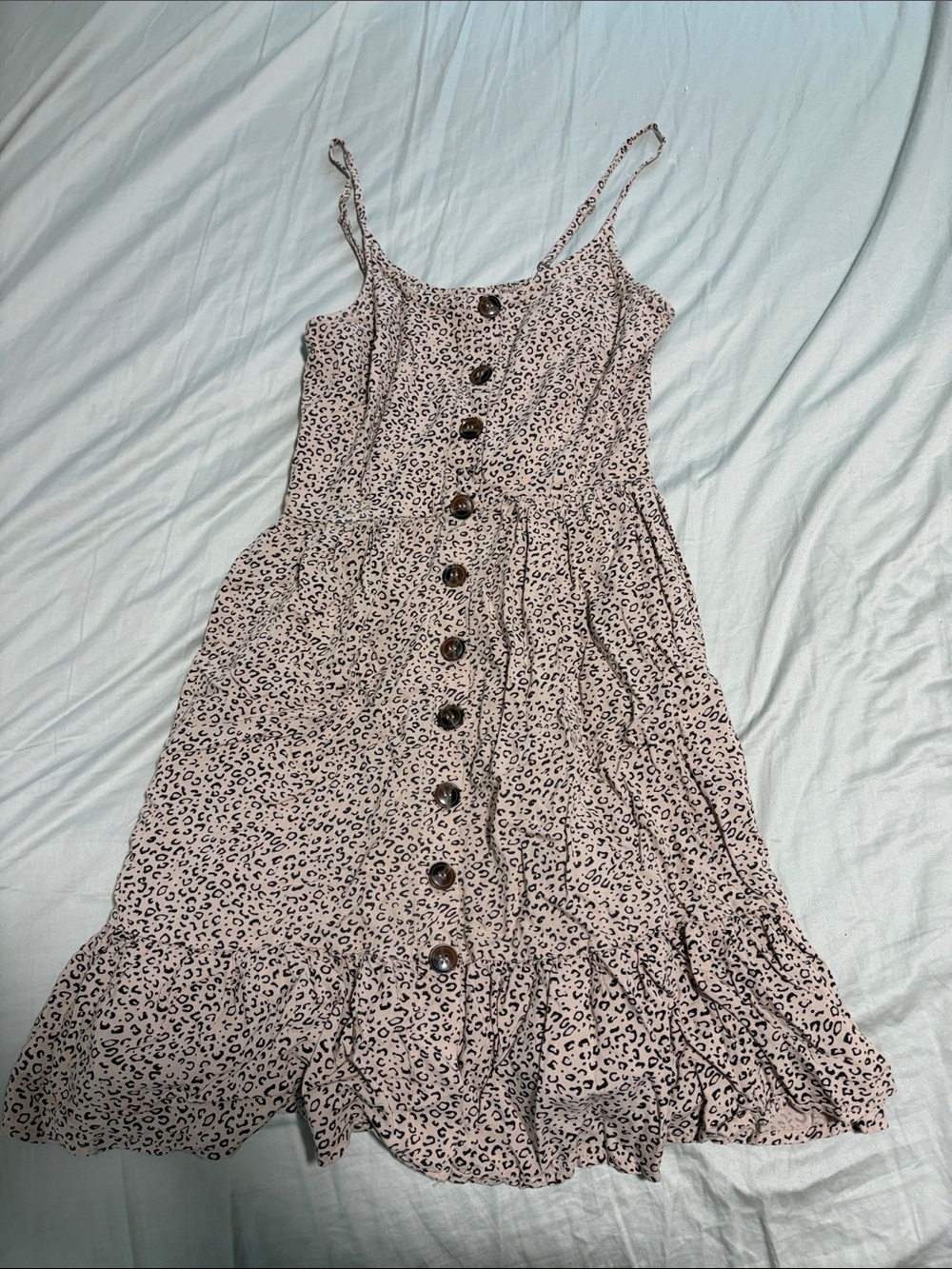 Japna Tan Leopard-Print Spaghetti Strap Button Dress